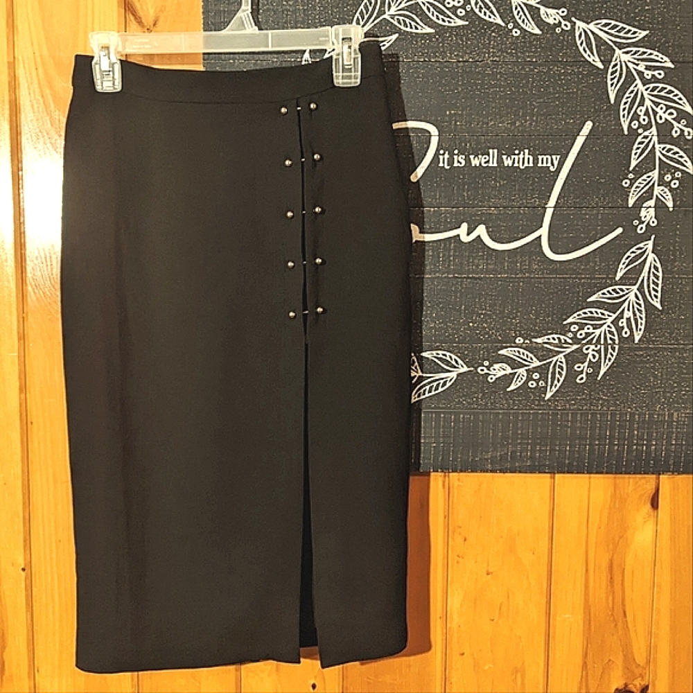 Forever 21 Black High Waisted Pencil Skirt Silver Bar Stud Details Sz Small